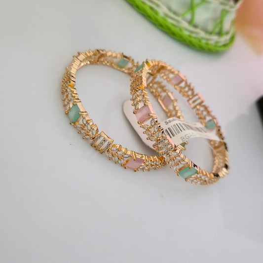 pastel green pink AD diamond bangles for women, rose gold american diamond bangles, floral designer bangles, marquise stone AD bangles, green pink stone bangles, sparkling CZ bangles, bridal party wear bangles, artificial diamond jewellery