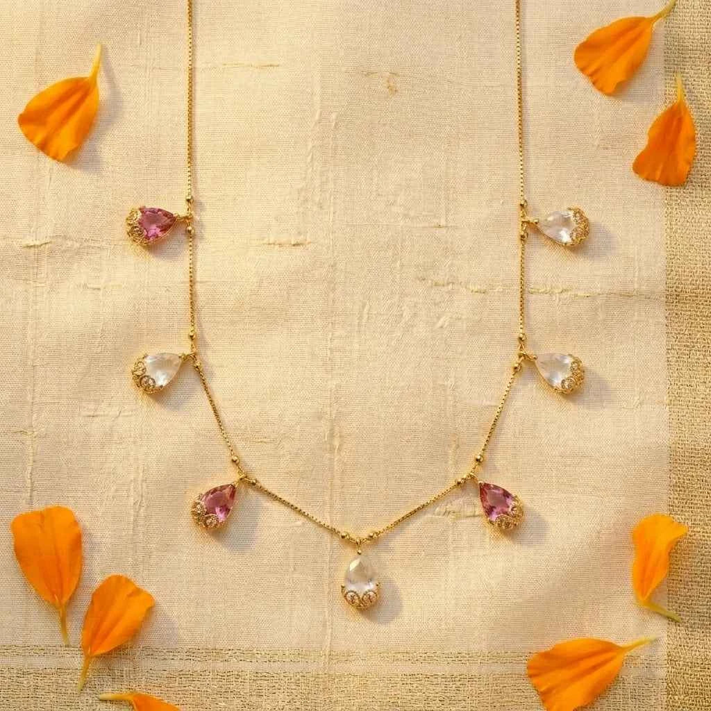 Pastel Stone Dokia Necklace for Women | Gold Finish Minimal Teardrop Necklace Design