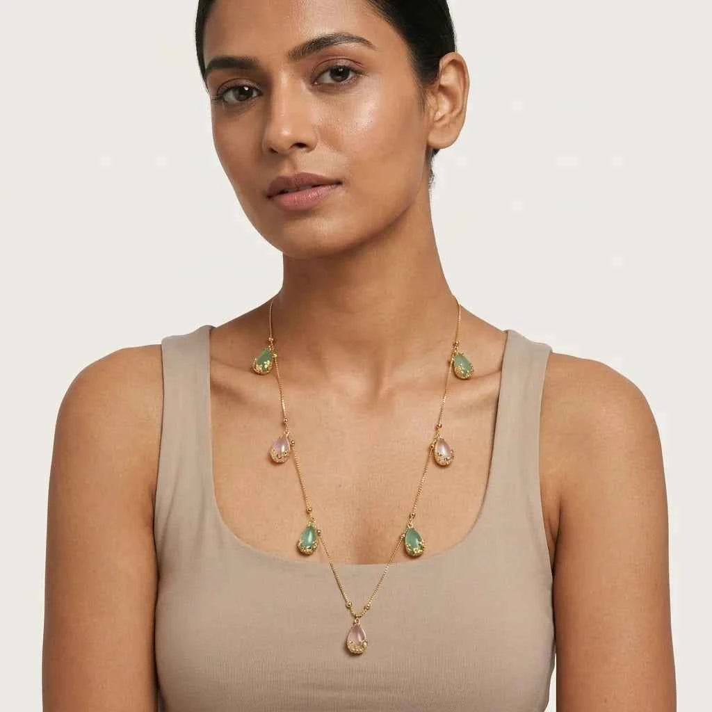 Pastel Stone Dokia Necklace for Women | Gold Finish Minimal Teardrop Necklace Design
