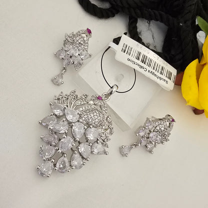 Peacock_Design_Stone_Pendant_Set_with_Earrings_Silver_Plated_Designer_Jewellery - Saubhagya Collection 