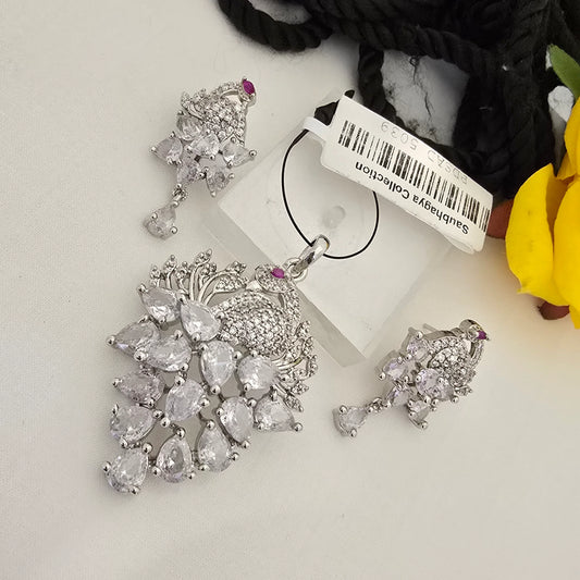 Peacock_Design_Stone_Pendant_Set_with_Earrings_Silver_Plated_Designer_Jewellery - Saubhagya Collection 