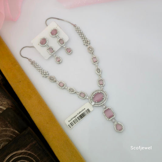pink AD stone necklace set with matching earrings, American diamond necklace with pink stones, silver tone designer necklace for women, pink oval and rectangular stone necklace, pink teardrop pendant necklace set, elegant pink imitation jewellery for weddings, pink party wear necklace with earrings, Scofjewel pink AD necklace set