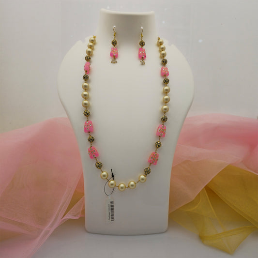 pink beads and cream pearl long necklace mala, gold tone necklace mala with matching earrings, artificial jewellery necklace mala for women, traditional pink and pearl bead necklace mala, elegant long necklace mala for festive wear, imitation jewellery mala set