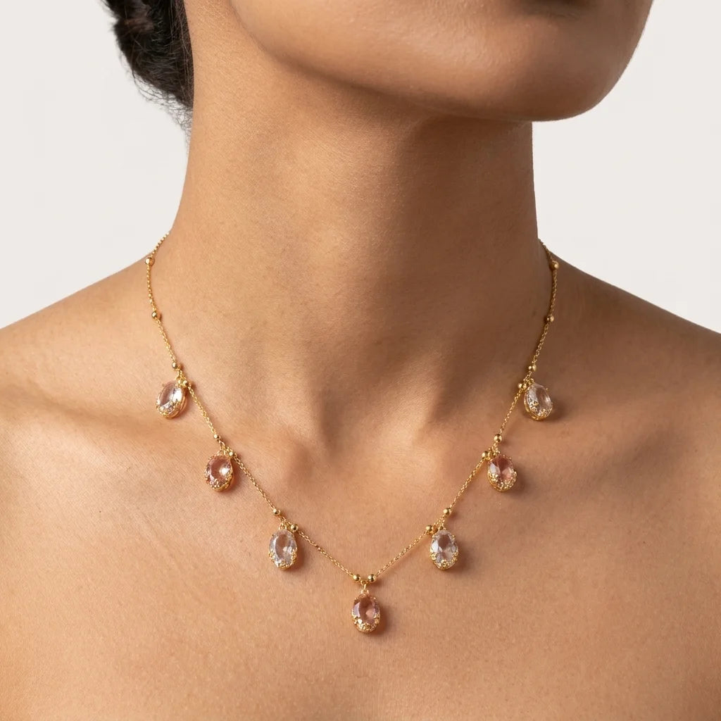 pink crystal necklace, dokia necklace, crystal drop necklace, minimal gold necklace, blush pink jewellery, elegant womens necklace, lightweight fashion necklace, designer crystal jewellery