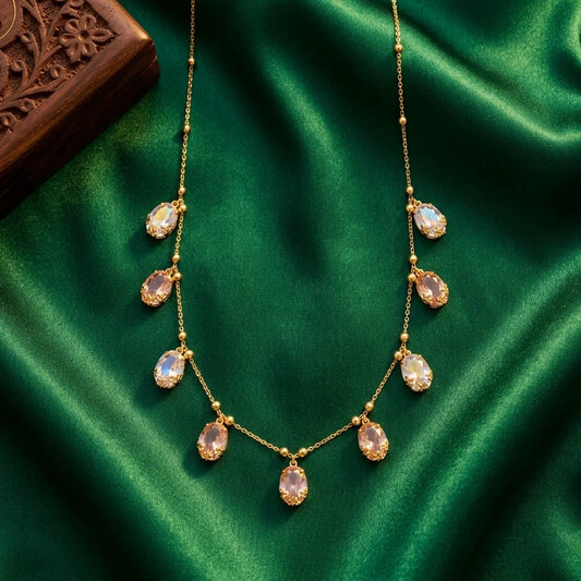 pink crystal necklace, dokia necklace, crystal drop necklace, minimal gold necklace, blush pink jewellery, elegant womens necklace, lightweight fashion necklace, designer crystal jewellery