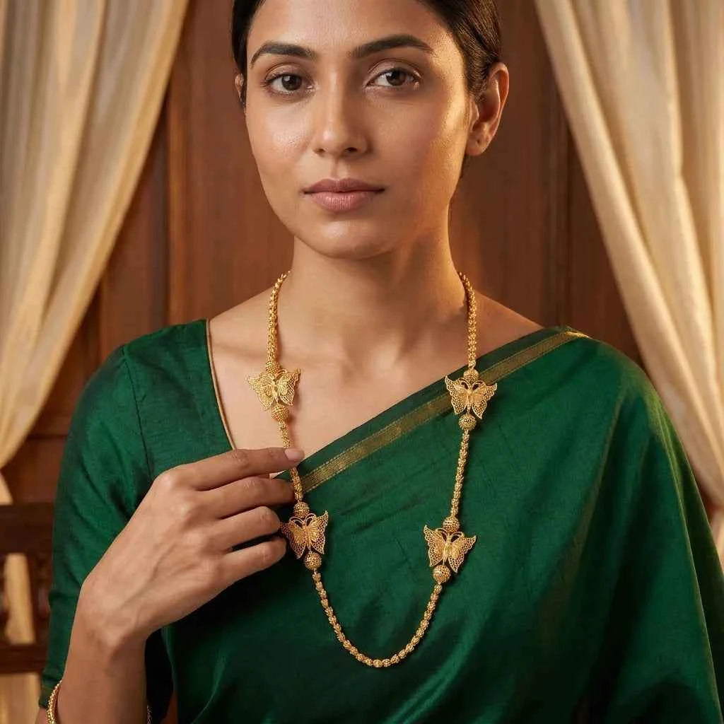 Premium Butterfly Design MOP Long Chain for Women | Traditional Gold Polish Ethnic Necklace