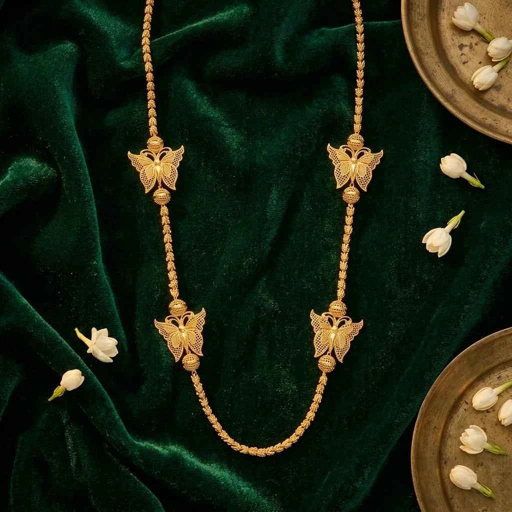 Premium Butterfly Design MOP Long Chain for Women | Traditional Gold Polish Ethnic Necklace