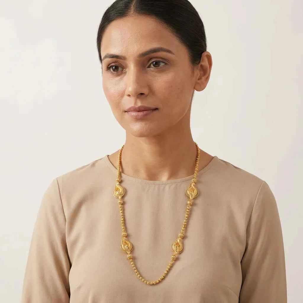 Premium MOP Leaf Design Long Chain for Women | Traditional Gold Polish Ethnic Necklace
