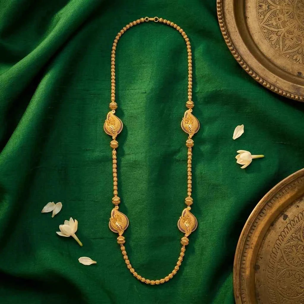 Premium MOP Leaf Design Long Chain for Women | Traditional Gold Polish Ethnic Necklace