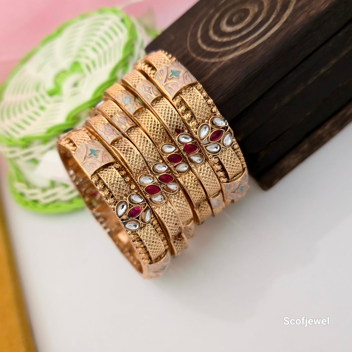 Rajwadi Polish bangles with red and white stone detailing, antique gold-tone traditional bangles for women, designer imitation bangles with floral stone patterns, traditional Indian Rajwadi style jewellery, red white and green accent bangles, ethnic wedding wear bangles, Scofjewel Rajwadi Polish bangles
