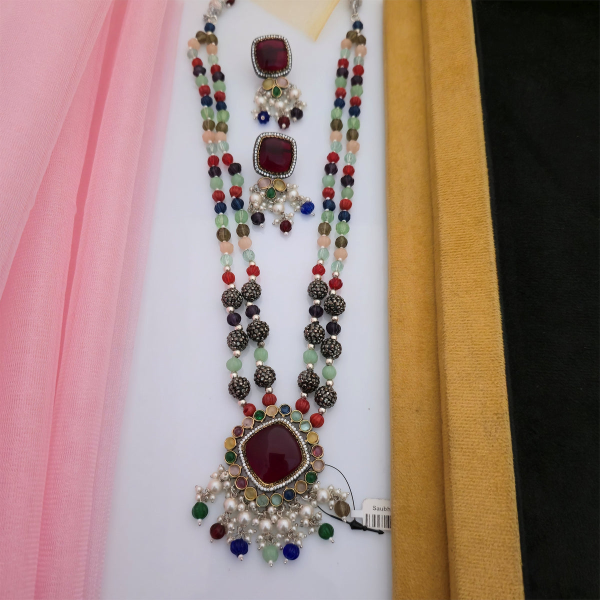 real stone beaded multicolor necklace set with maroon pendant, multicolour stone bead necklace for women, traditional maroon pendant necklace with matching earrings, colourful beaded ethnic jewellery with pearl-style hanging accents, designer long necklace for weddings and festive occasions, traditional Indian jewellery set, Scofjewel real stone necklace