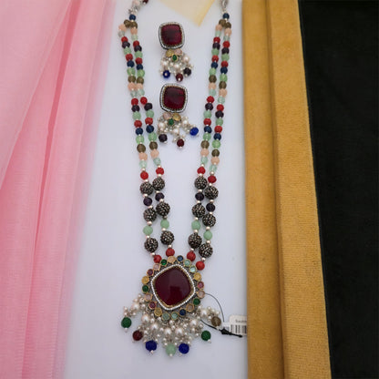 real stone beaded multicolor necklace set with maroon pendant, multicolour stone bead necklace for women, traditional maroon pendant necklace with matching earrings, colourful beaded ethnic jewellery with pearl-style hanging accents, designer long necklace for weddings and festive occasions, traditional Indian jewellery set, Scofjewel real stone necklace