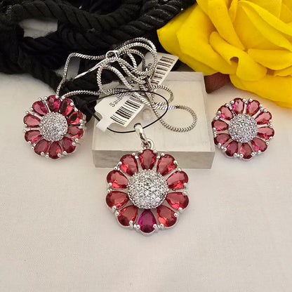 Red_Stone_Floral_Pendant_Set_with_Earrings_Silver_Plated_Jewellery - Saubhagya Collection 