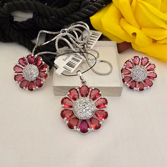 Red_Stone_Floral_Pendant_Set_with_Earrings_Silver_Plated_Jewellery - Saubhagya Collection 