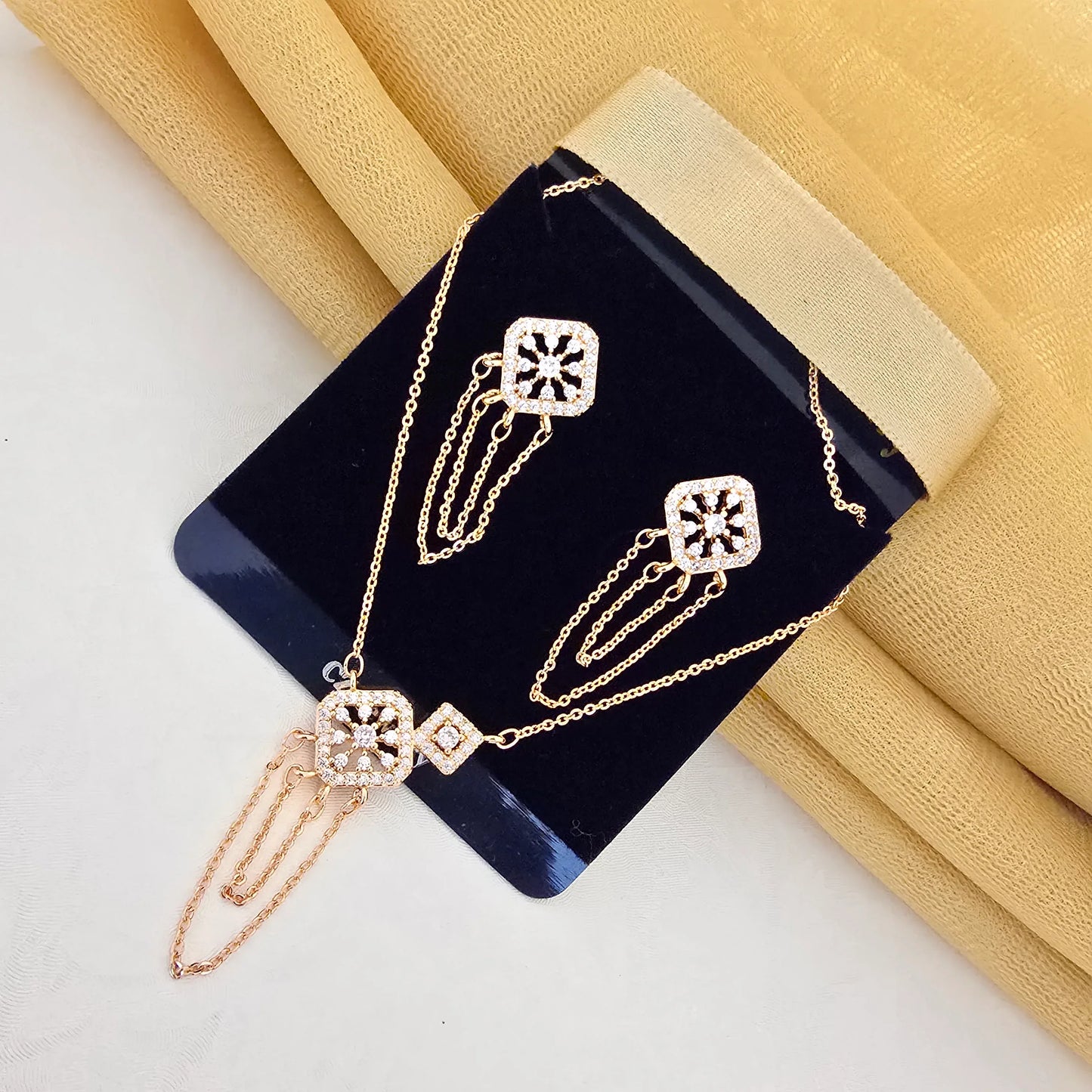 Rose_Gold_Square_Pendant_Set_with_Chain_Tassel_Earrings_Elegant_Designer_Jewellery - Saubhagya Collection 