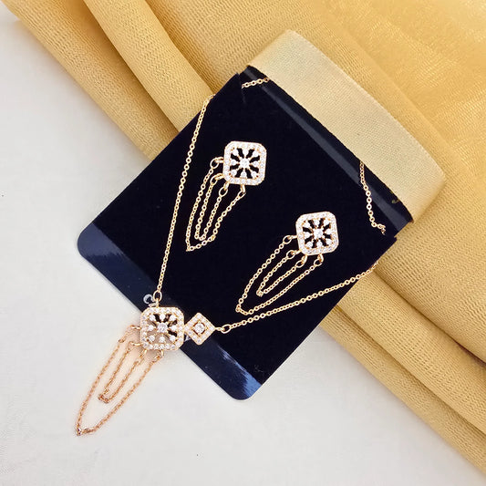 Rose_Gold_Square_Pendant_Set_with_Chain_Tassel_Earrings_Elegant_Designer_Jewellery - Saubhagya Collection 