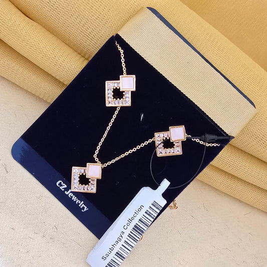 Rose_Gold_Square_Pendant_Set_with_Earrings_Minimal_Crystal_Designer_Jewellery - Saubhagya Collection 