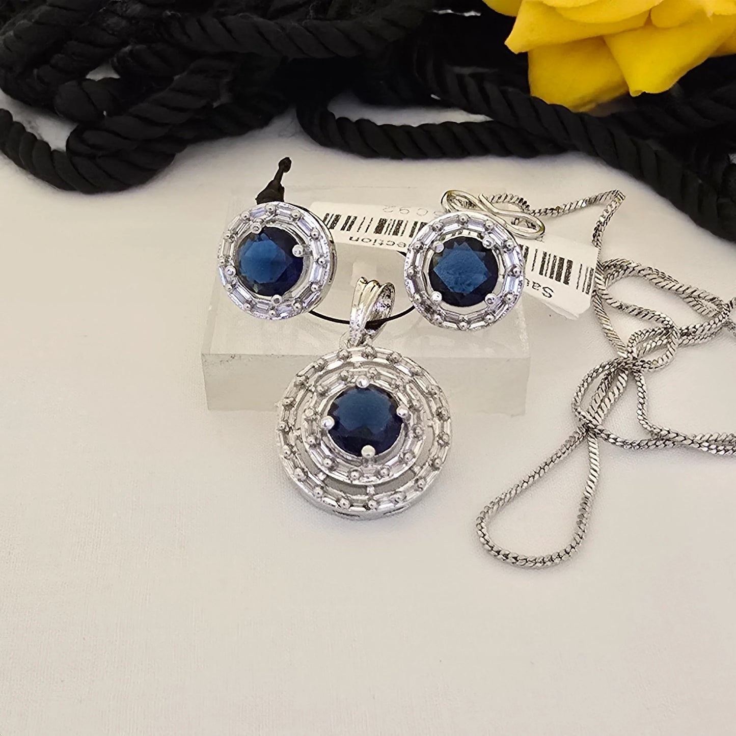 Round_Blue_Stone_Pendant_Set_with_Earrings_Silver_Plated_Halo_Designer_Jewellery - Saubhagya Collection 