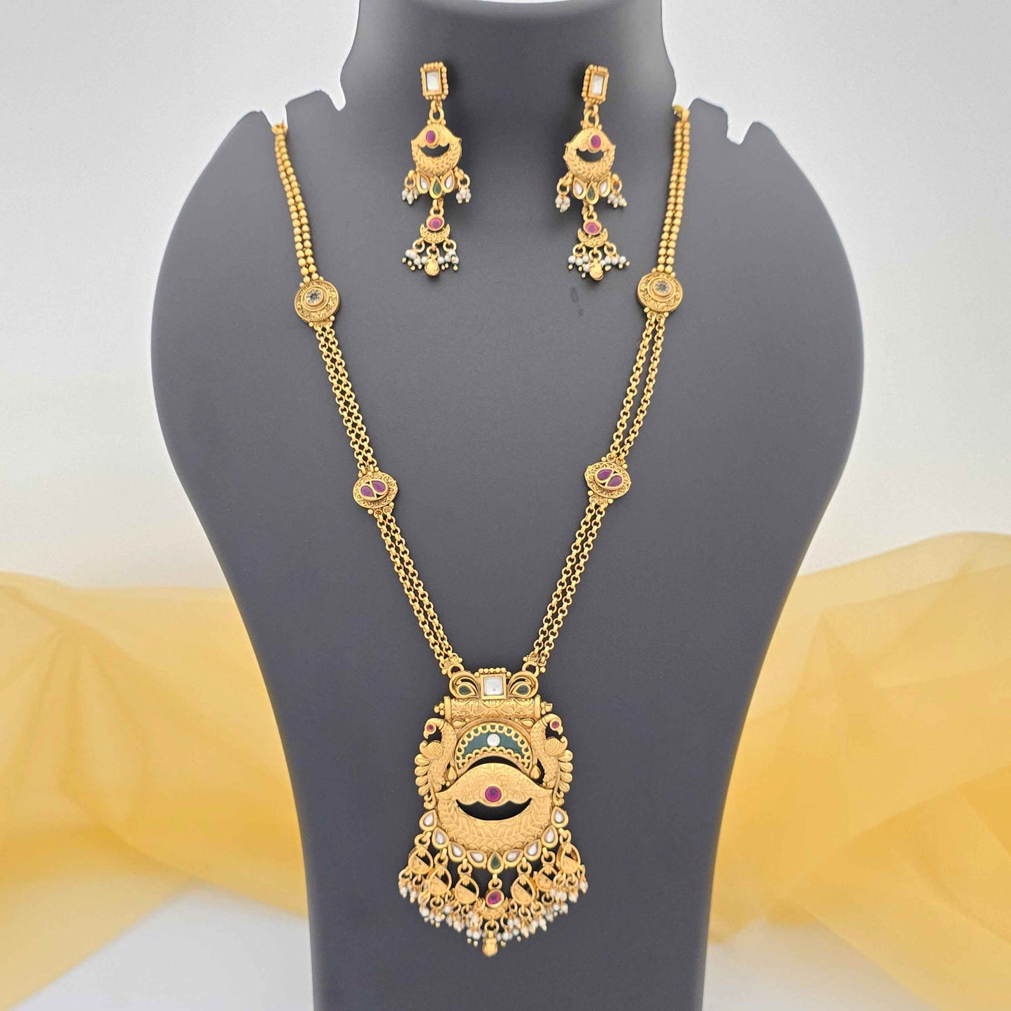 Royal Copper Temple Pendant Necklace with Pearl Danglers for Women