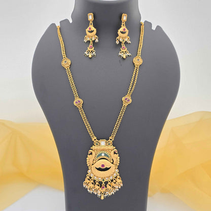 Royal Copper Temple Pendant Necklace with Pearl Danglers for Women