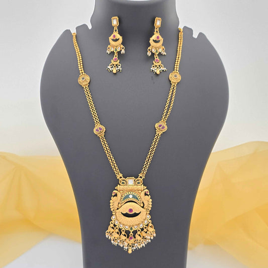Royal Copper Temple Pendant Necklace with Pearl Danglers for Women