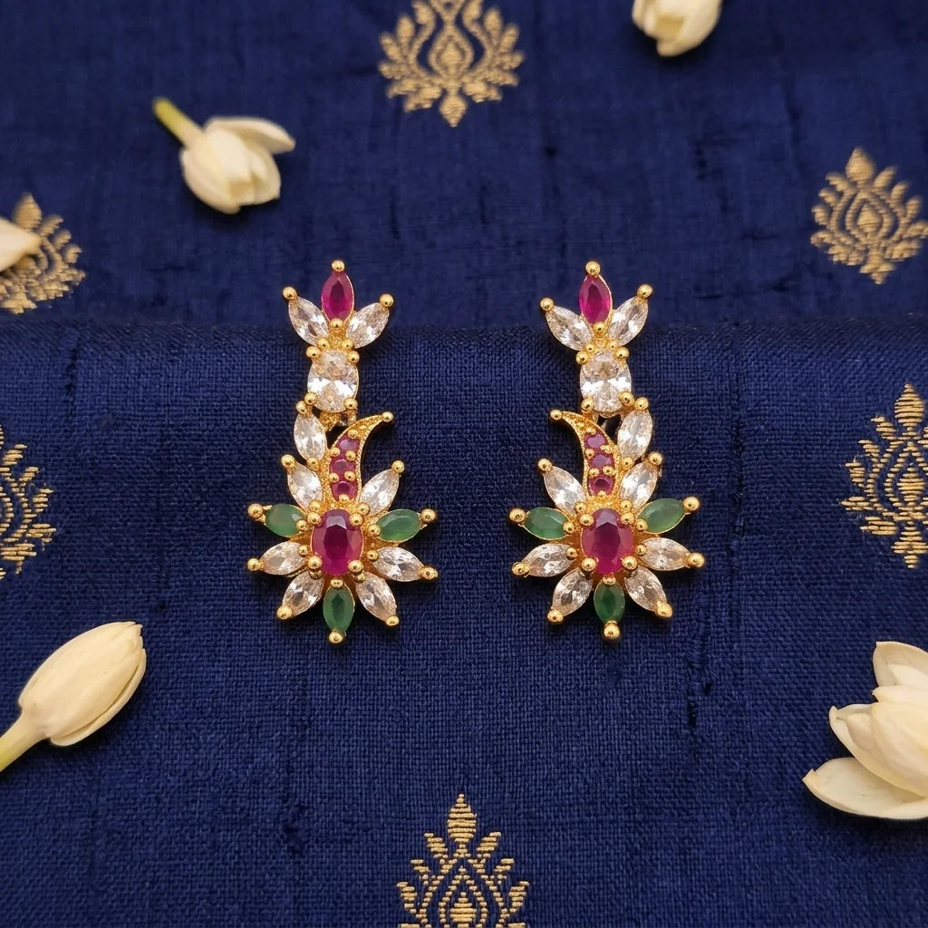 ruby pink earrings, floral crystal earrings, designer party wear earrings, gold finish earrings, womens statement earrings, festive jewellery, wedding earrings, elegant fashion earrings