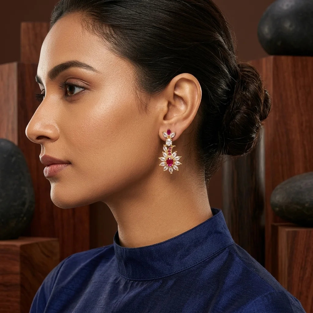 ruby pink earrings, floral crystal earrings, designer party wear earrings, gold finish earrings, womens statement earrings, festive jewellery, wedding earrings, elegant fashion earrings