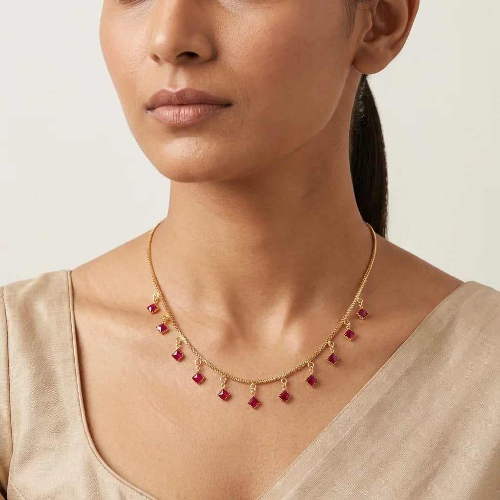 ruby red necklace, dokia necklace, square charm necklace, minimal gold necklace, womens fashion necklace, elegant jewellery, lightweight necklace, party wear necklace
