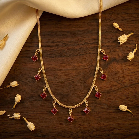 ruby red necklace, dokia necklace, square charm necklace, minimal gold necklace, womens fashion necklace, elegant jewellery, lightweight necklace, party wear necklace