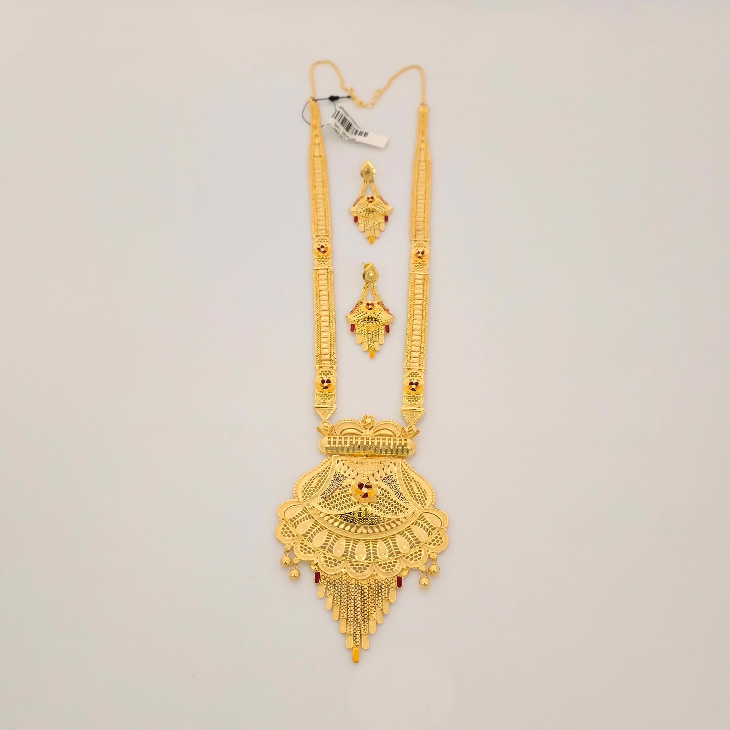 1 Gram Gold (Forming) Long Temple Necklace Set with Antique Filigree Pendant & Designer Earrings | Traditional Haram Jewellery