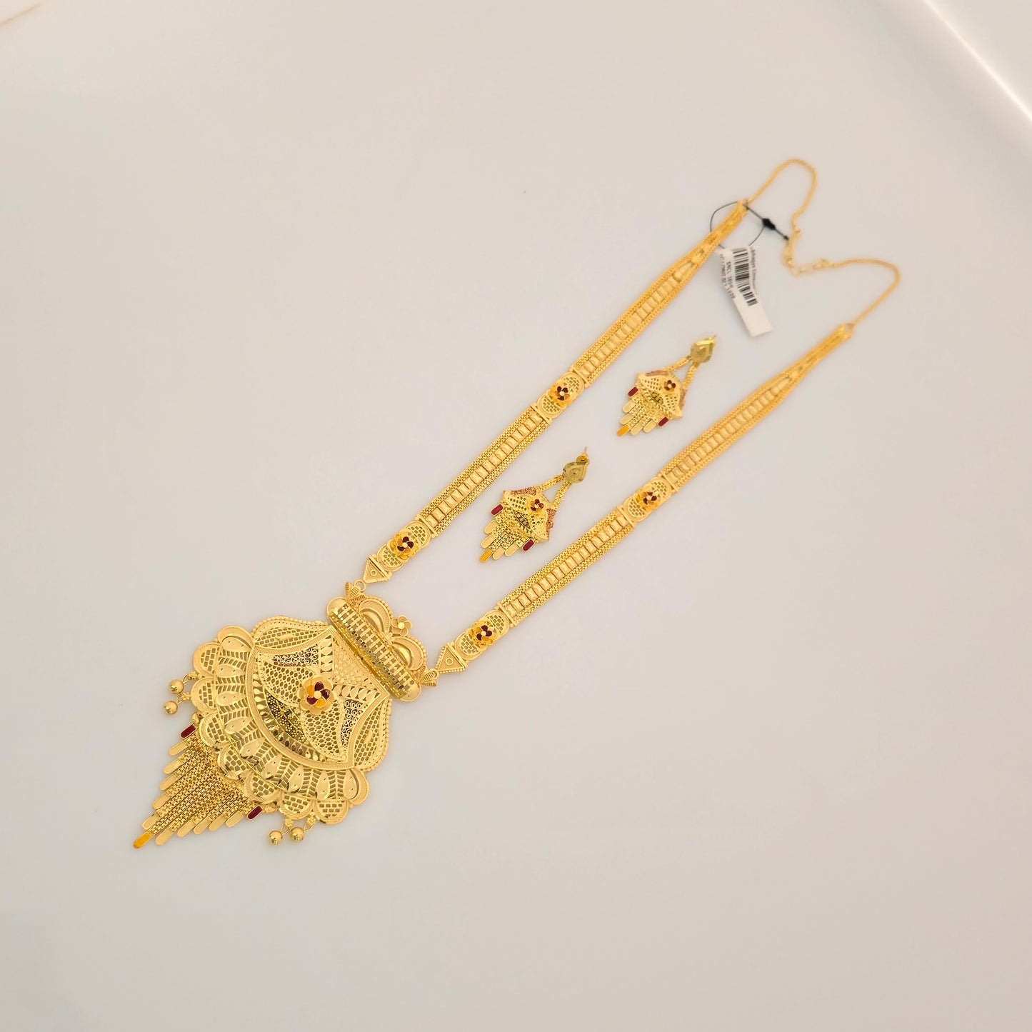 1 Gram Gold (Forming) Long Temple Necklace Set with Antique Filigree Pendant & Designer Earrings | Traditional Haram Jewellery