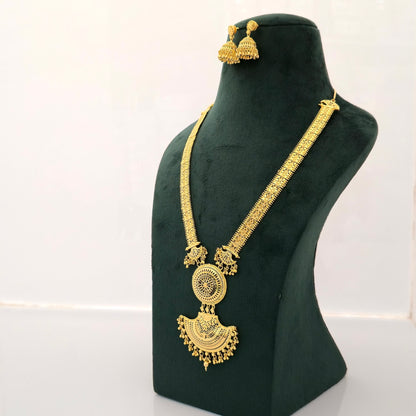 1 Gram Gold (Forming) Long Temple Necklace Set with Dual Pendant Design & Traditional Jhumka Earrings | Antique Haram Jewellery