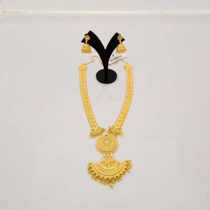 1 Gram Gold (Forming) Long Temple Necklace Set with Dual Pendant Design & Traditional Jhumka Earrings | Antique Haram Jewellery