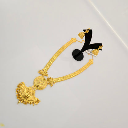 1 Gram Gold (Forming) Long Temple Necklace Set with Dual Pendant Design & Traditional Jhumka Earrings | Antique Haram Jewellery