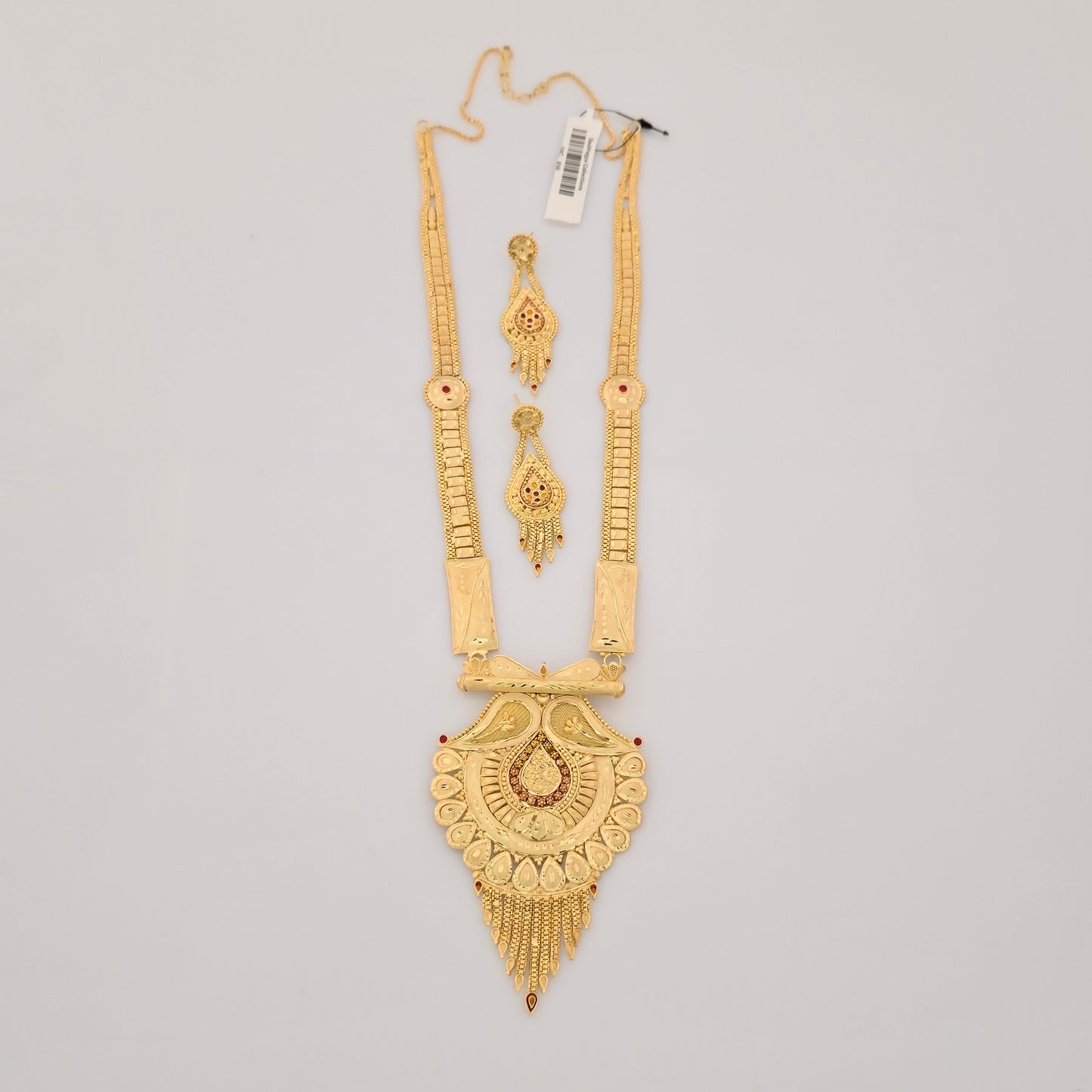 1 Gram Gold (Forming) Long Temple Necklace Set with Antique Pendant & Designer Earrings | Traditional Haram Jewellery