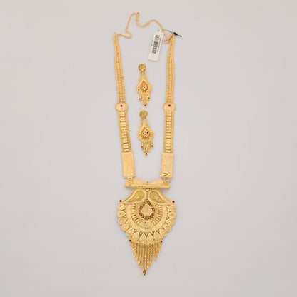 1 Gram Gold (Forming) Long Temple Necklace Set with Antique Pendant & Designer Earrings | Traditional Haram Jewellery