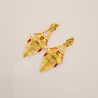 1 Gram Gold (Forming) Long Temple Necklace Set with Antique Filigree Pendant & Designer Earrings | Traditional Haram Jewellery