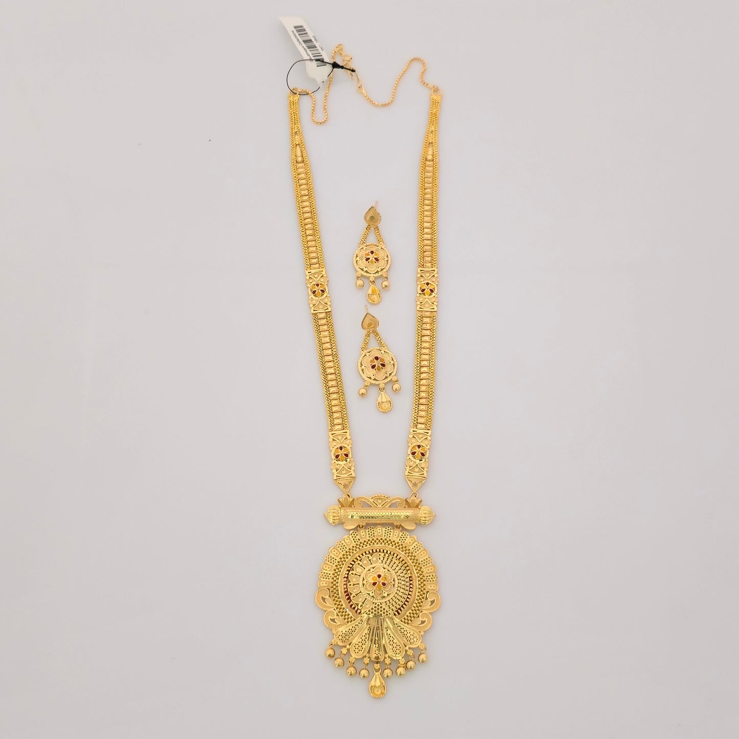 1 Gram Gold Long Temple Necklace Set with Round Antique Pendant & Designer Earrings | Traditional Haram Jewellery