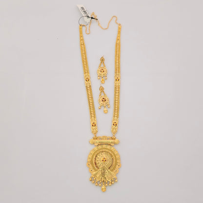 1 Gram Gold Long Temple Necklace Set with Round Antique Pendant & Designer Earrings | Traditional Haram Jewellery