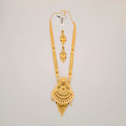 1 Gram Gold (Forming) Long Temple Necklace Set with Floral Antique Pendant & Designer Earrings | Traditional Haram Jewellery