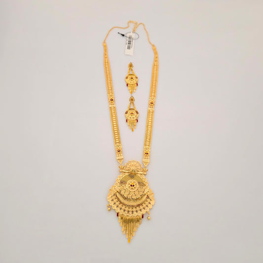 1 Gram Gold (Forming) Long Temple Necklace Set with Floral Antique Pendant & Designer Earrings | Traditional Haram Jewellery