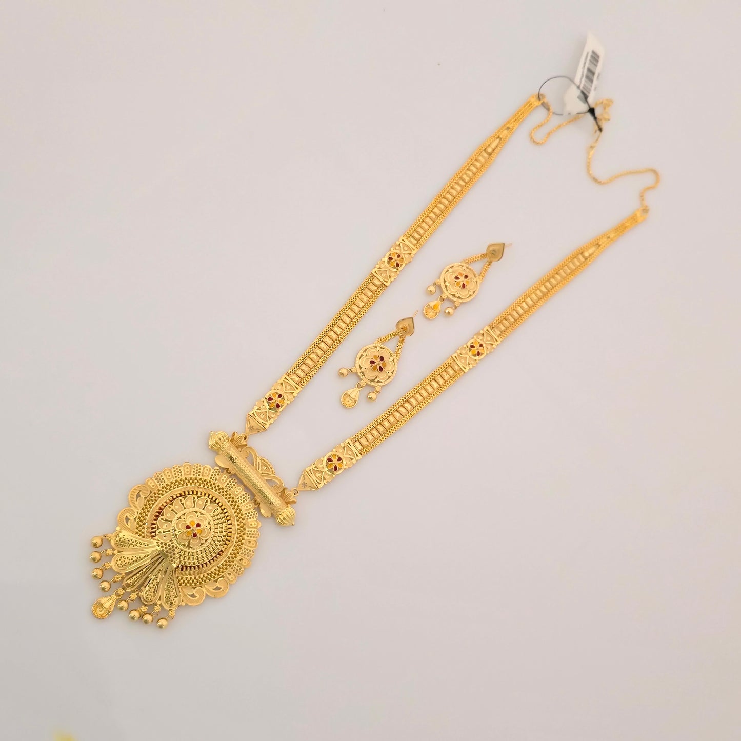 1 Gram Gold Long Temple Necklace Set with Round Antique Pendant & Designer Earrings | Traditional Haram Jewellery