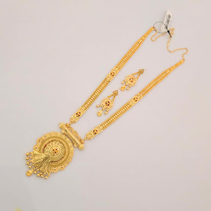 1 Gram Gold Long Temple Necklace Set with Round Antique Pendant & Designer Earrings | Traditional Haram Jewellery