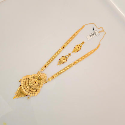 1 Gram Gold (Forming) Long Temple Necklace Set with Floral Antique Pendant & Designer Earrings | Traditional Haram Jewellery