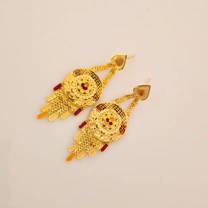 1 Gram Gold (Forming) Long Temple Necklace Set with Floral Antique Pendant & Designer Earrings | Traditional Haram Jewellery