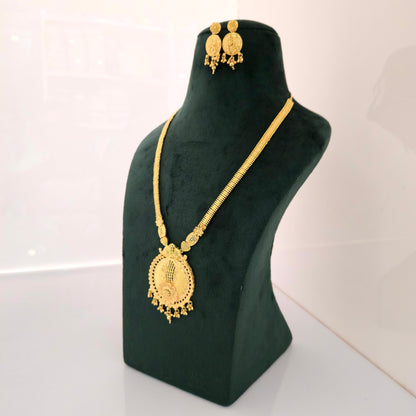 1 Gram Gold (Forming) Long Temple Necklace Set with Round Antique Pendant & Coin Earrings | Traditional Haram Jewellery