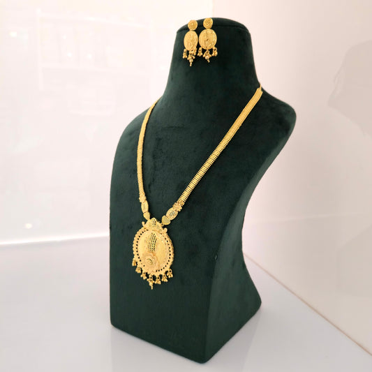 1 Gram Gold (Forming) Long Temple Necklace Set with Round Antique Pendant & Coin Earrings | Traditional Haram Jewellery