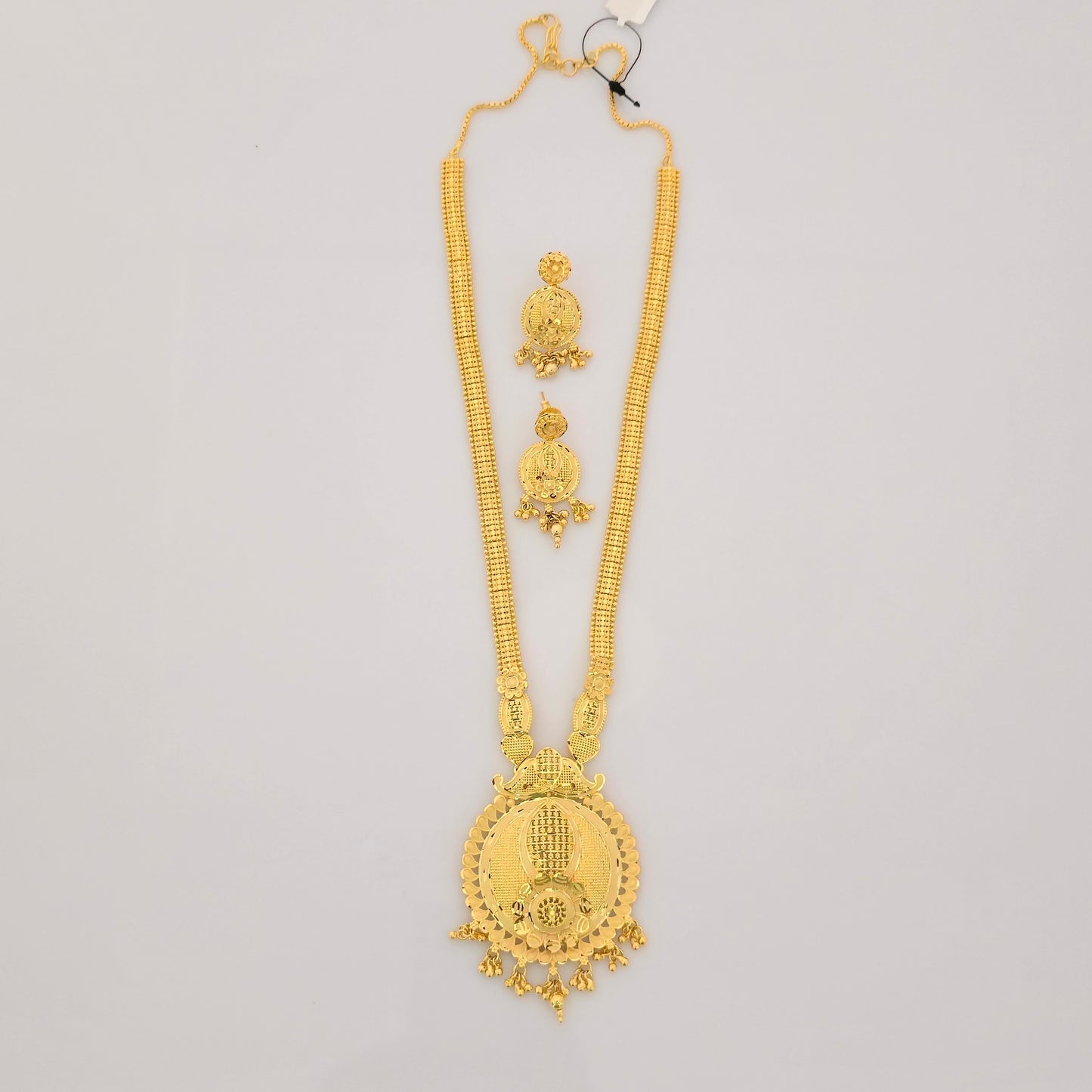 1 Gram Gold (Forming) Long Temple Necklace Set with Round Antique Pendant & Coin Earrings | Traditional Haram Jewellery