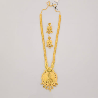1 Gram Gold (Forming) Long Temple Necklace Set with Round Antique Pendant & Coin Earrings | Traditional Haram Jewellery