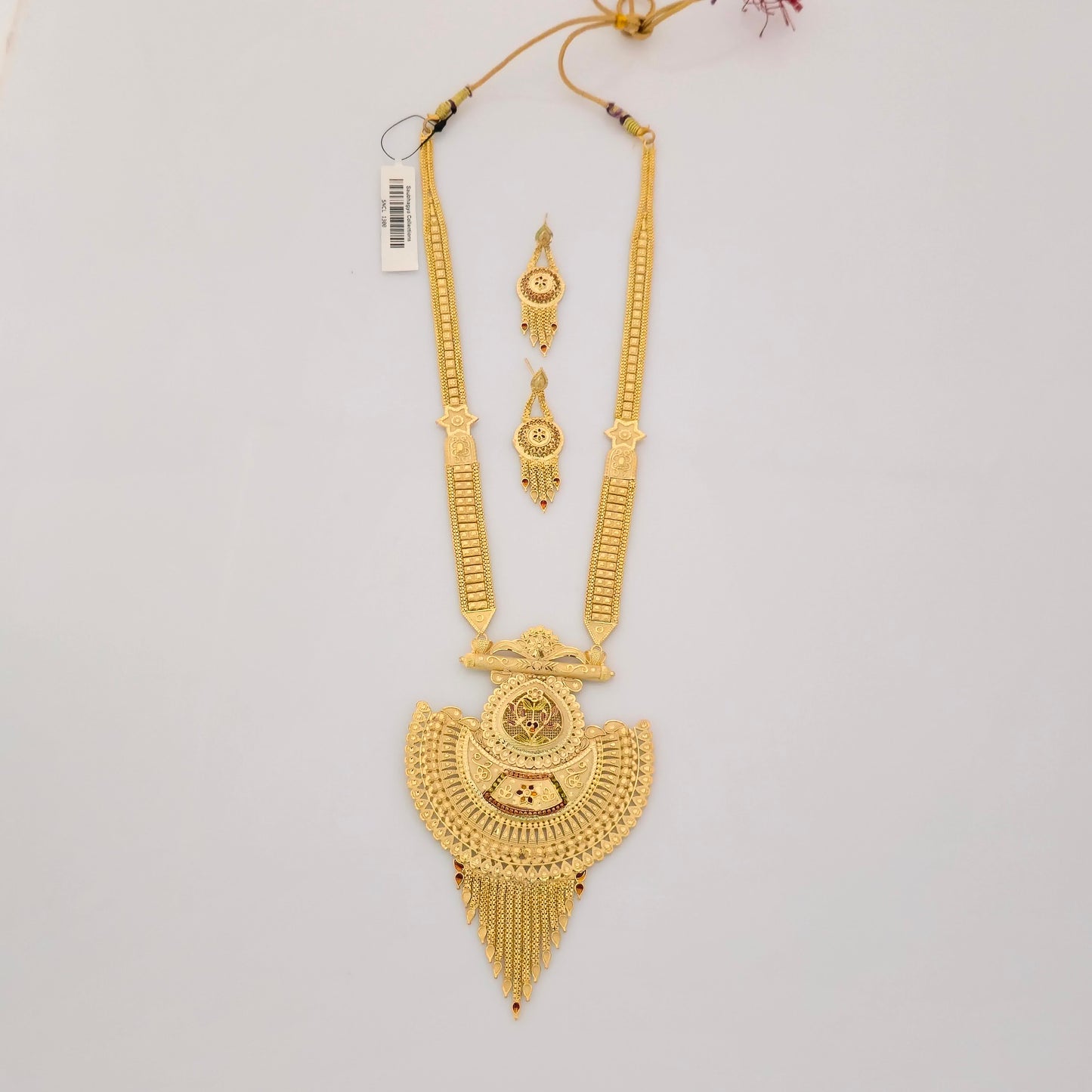 1 Gram Gold (Forming) Long Temple Necklace Set with Grand Antique Pendant & Designer Earrings | Traditional Haram Jewellery